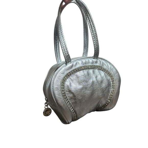 Dawli Circle Handbag Purse Metallic‎ Silver Rhinestone Leather Chic Event Clutch - Picture 6 of 11